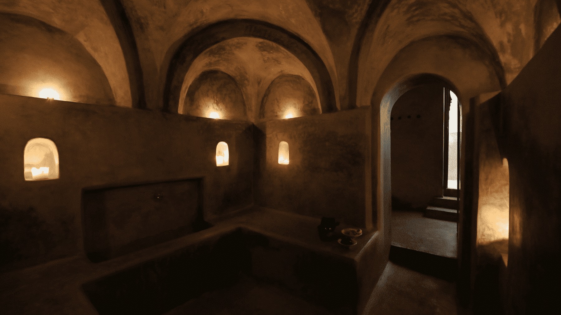 Le hammam en tadelakt noir du riad, éclairé à la bougie sous ses voûtes